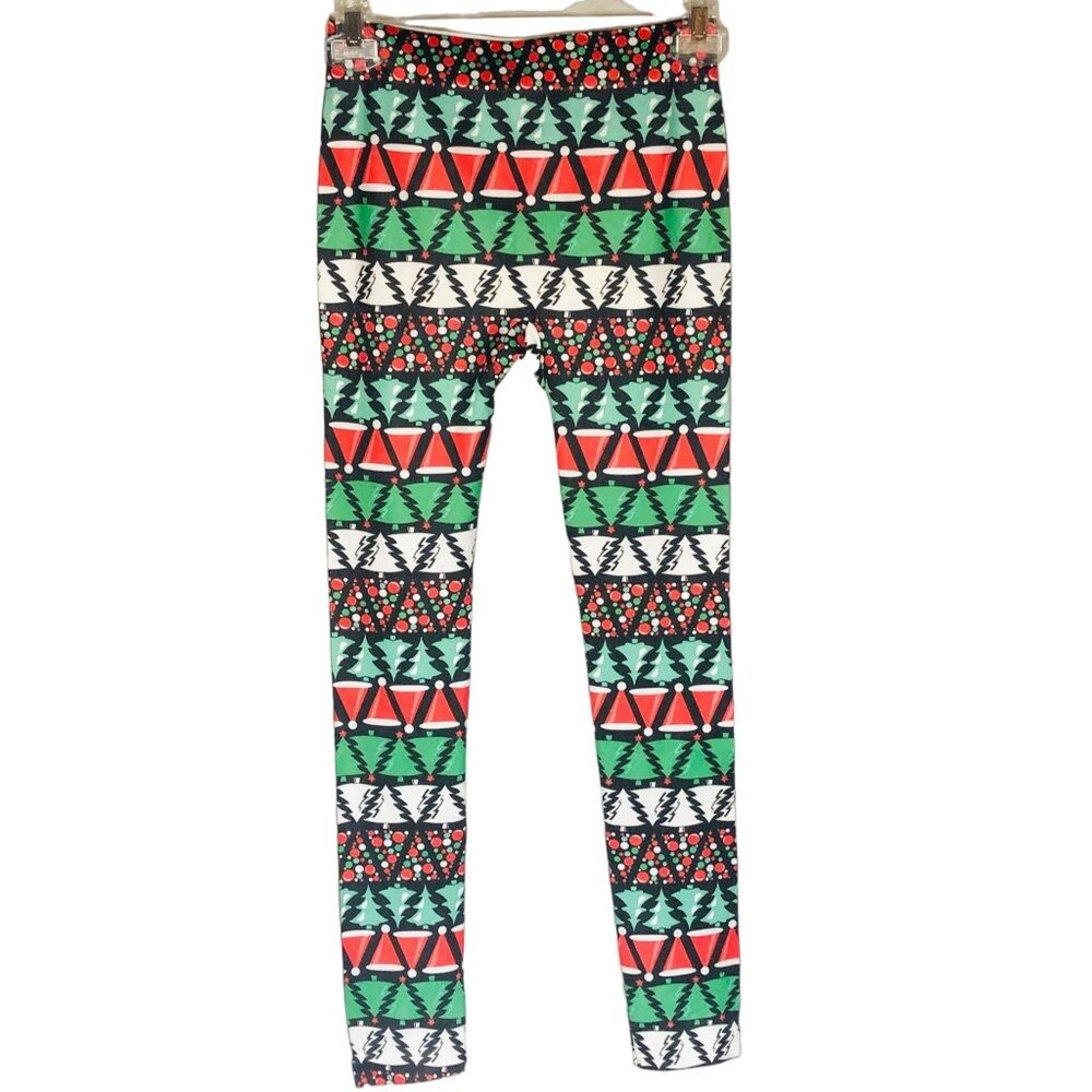 No Boundaries leggings Christmas trees green red black polyester small 3/5 READ